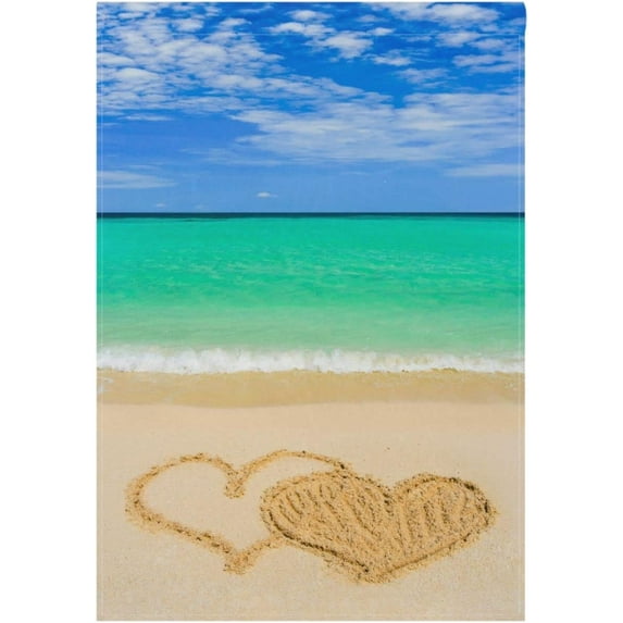Valentine''s Day Sea Sandy Beach with Love Heart House Flag 28 x 40 Double Sided Red Romantic Love Blue Sky Garden Yard Flags Welcome Spring Outdoor Indoor Banner for Party Holiday Home Decorations