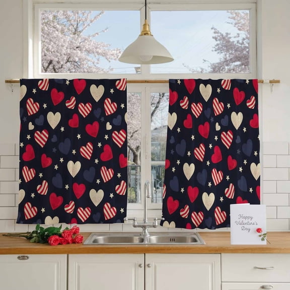 Valentine's Day Seamless Love Heart Chiffon Sheer Curtains 45 Inches Long, Star on Navy Blue 2 Rod Pocket Window Treatment Voile Drapes Curtains for Living Room Bedroom,2 Panels, 52x45In