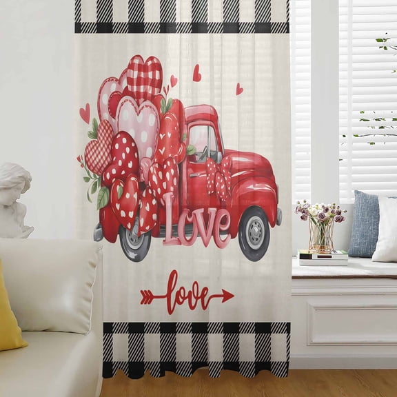 Valentine's Day Semi Sheer Curtains Drapes for Living Room,Bedroom,French Doors Window 108 Inches Long,Red Loves Truck Romantic Buffalo Plaid Beige Rod Pocket Chiffon Curtain Voile Drapery Panel