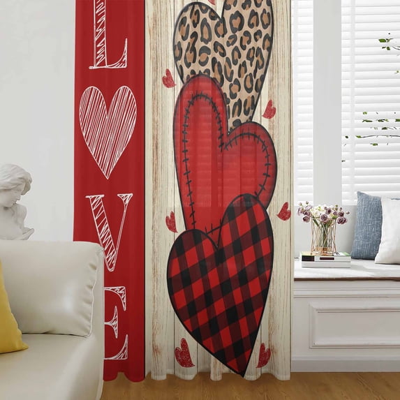 Valentine's Day Semi Sheer Curtains Drapes for Living Room,Bedroom,French Doors Window 45 Inches Long,LOVE Heart Red Buffalo Plaid Leopard Spot Rod Pocket Chiffon Curtain Voile Drapery Panel