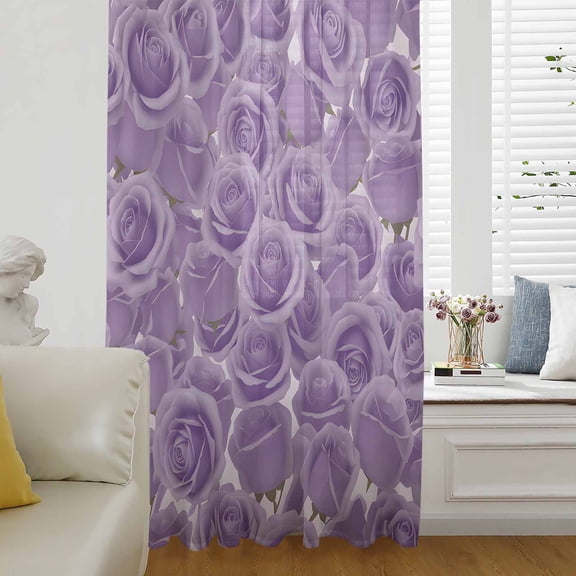 Valentine's Day Semi Sheer Curtains Drapes for Living Room,Bedroom,French Doors Window 54 Inches Long,Purple Rose Romantic Floral Farmhouse Rod Pocket Chiffon Curtain Drapery Voile Draperies Panel