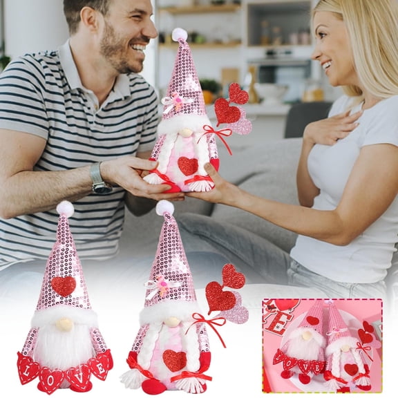 Valentine’s Day Sequin Faceless Gnome Doll - Cute Heart Hat Dwarf Standing Figurine, Romantic Home & Tabletop Decor, Soft Sequin Ornament, Perfect Love-Themed Holiday Gift, 4.72*3.14*11.41in, A
