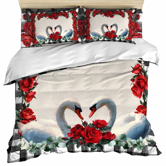 Valentine's Day Set of 4 Bedding Quilt Covers, Sweet Swan Couple Roses Leaf Beige Black Plaid 4-Piece Bed Sheet Set with Extra Soft Bed Sheets Quilt Cover Pillowcase, Twin