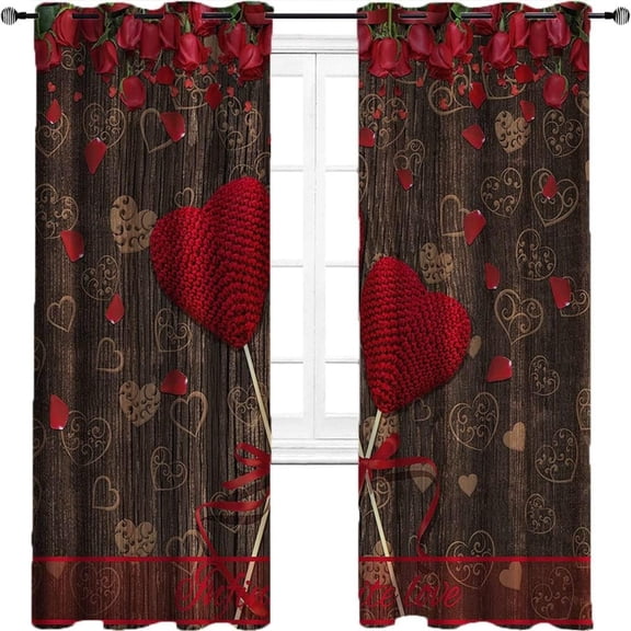 Valentine's Day Shading Insulated Curtain, Red Rose Love Heart Antique Wood, Waterproof Fabric, Noise Reduction Ring Top Shade Curtain 42"W x 84"L (Pack of 2)