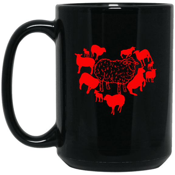 Valentine’s Day Sheep Coffee Mug – Heart Design for Animal Lovers – 15oz Black Cup