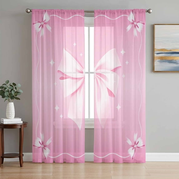 Valentine's Day Sheer Curtains 108 Inch Length 2 Panels Set Window Treatments, Pink Bowknot Ribbon Modern Mother's Day Rod Pocket Semi Curtains for Living Room/Bedroom/Kitchen Décor, 104"W x 108"L
