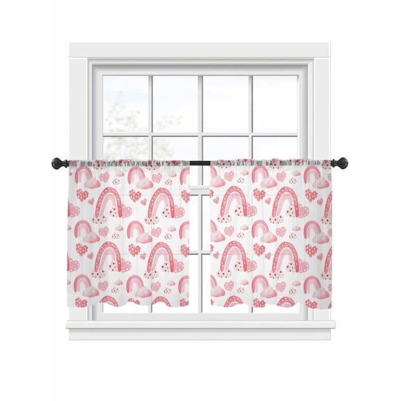 Valentine's Day Sheer Curtains 2 Panels Set Watercolor Spring Pink Rainbow Cloud Love Heart Pink Sheer Window Curtains Light Filtering Rod Pocket Voile Drapes for Bedroom Living Room 52"x45"