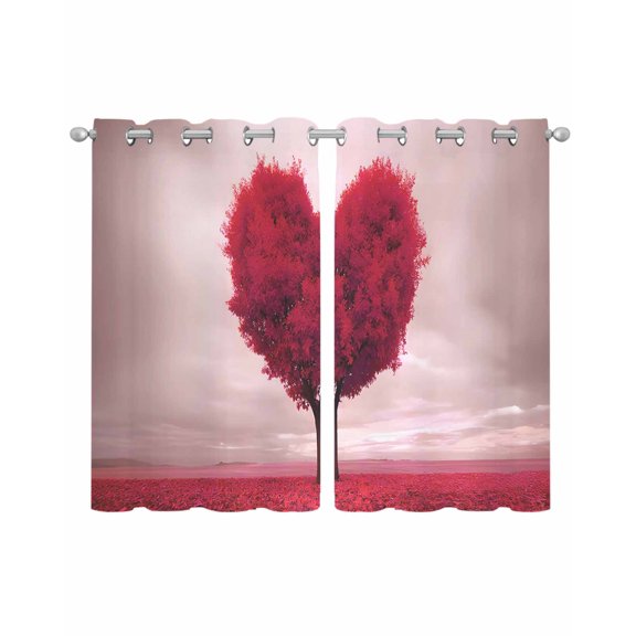 Valentine's Day Sheer Curtains 39 Inch Length 2 Panels Set for Living Room/Bedroom, Red Heart Love Trees Romance Spring Kitchen Curtains Grommet Semi-Sheer Curtains Window Treatments 27.5"x39"x2
