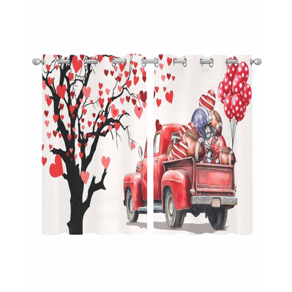 Valentine's Day Sheer Curtains 39 Inch Length 2 Panels Set for Living Room/Bedroom, Red Love Heart Tree Truck Balloons Rugby Kitchen Curtains Grommet Semi-Sheer Curtains Window Treatments 27.5"x39"x2