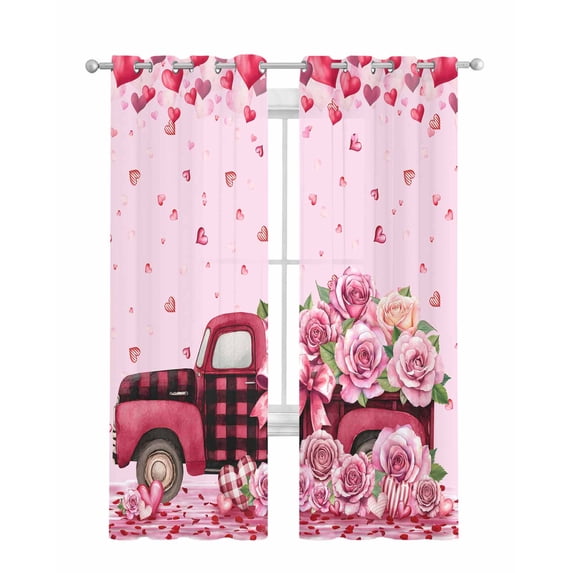 Valentine's Day Sheer Curtains 63 Inch Length 2 Panels Set for Living Room/Bedroom, Romantic Love Roses Truck Ombre Pink Kitchen Curtains Grommet Semi-Sheer Curtains Window Treatments 42"x63"x2