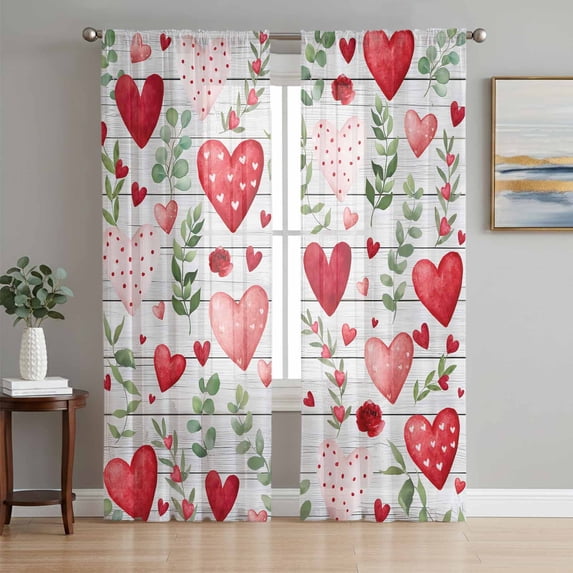 Valentine's Day Sheer Curtains 63 Inch Length 2 Panels Set Window Treatments, Pink Red Love Heart Green Botanicalvintage Rod Pocket Semi Curtains for Living Room/Bedroom/Kitchen Décor, 104"W x 63"L