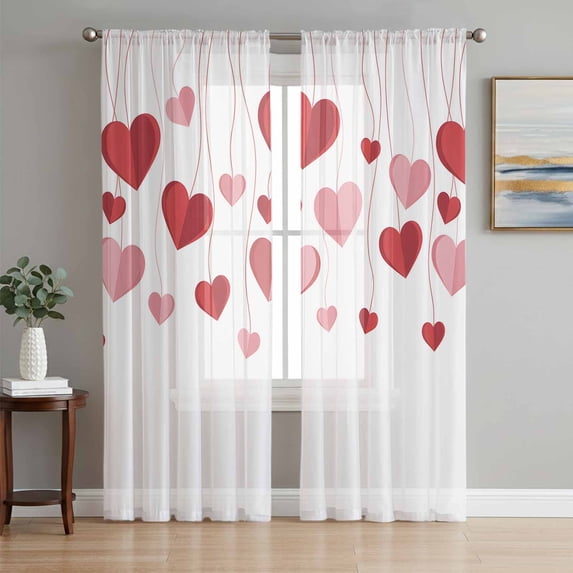 Valentine's Day Sheer Curtains 63 Inch Length 2 Panels Set Window Treatments, Pink Red Love Sweet Falling Heart Romantic Rod Pocket Semi Curtains for Living Room/Bedroom/Kitchen Décor, 104"W x 63"L