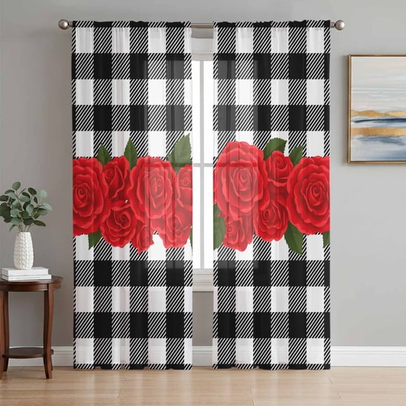Valentine's Day Sheer Curtains 63 Inch Length 2 Panels Set Window Treatments, Red Rose Flowers Buffalo Plaid Romantic Rod Pocket Semi Curtains for Living Room/Bedroom/Kitchen Décor, 104"W x 63"L