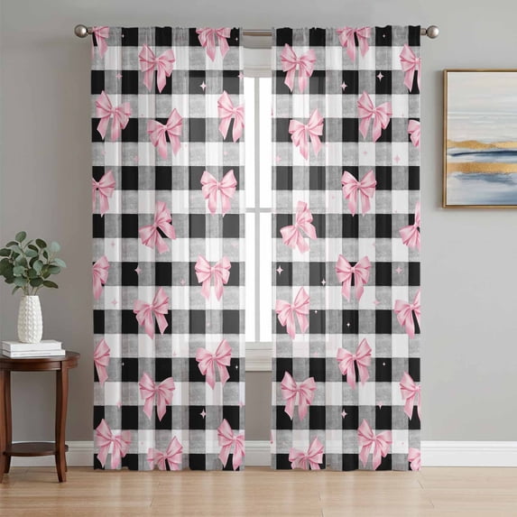 Valentine's Day Sheer Curtains 72 Inch Length 2 Panels Set Window Treatments, Pink Bows Shining Stars Farmhouse Plaid Rod Pocket Semi Curtains for Living Room/Bedroom/Kitchen Décor, 104"W x 72"L