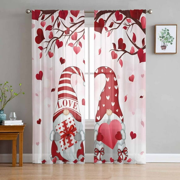 Valentine's Day, Sheer Curtains 72 Inches Long 2 Panels Set, Window Sheer Curtains for Living Room/Bedroom, Valentine Gnomes Red Romantic Love Light Filtering Rod Pocket Curtain 52'' x 72'' x 2