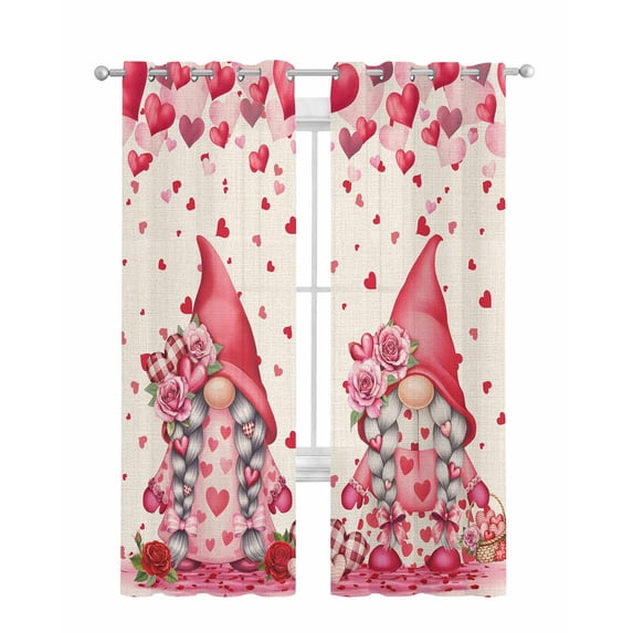 Valentine's Day Sheer Curtains 84 Inch Length 2 Panels Set for Living Room/Bedroom, Pink Gnomes Love Roses Romantic Beige Kitchen Curtains Grommet Semi-Sheer Curtains Window Treatments 42"x84"x2