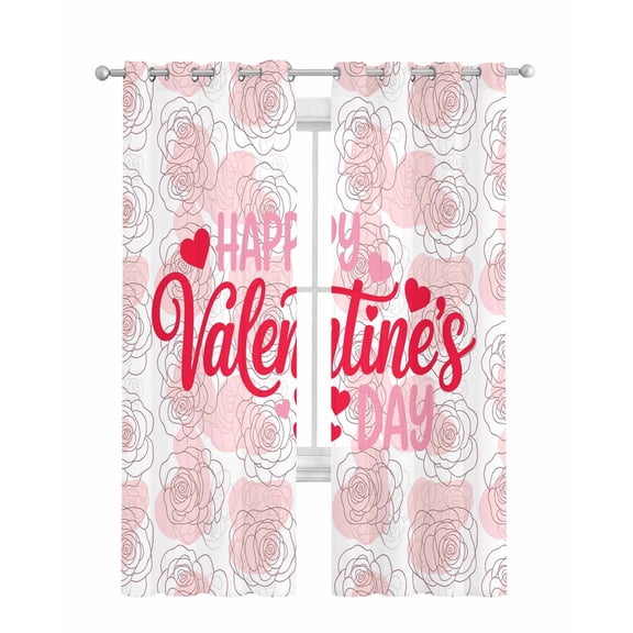 Valentine's Day Sheer Curtains 84 Inch Length 2 Panels Set for Living Room/Bedroom, Pink Roses Lines Modern Minimalist Kitchen Curtains Grommet Semi-Sheer Curtains Drapes Window Treatments 42"x84"x2