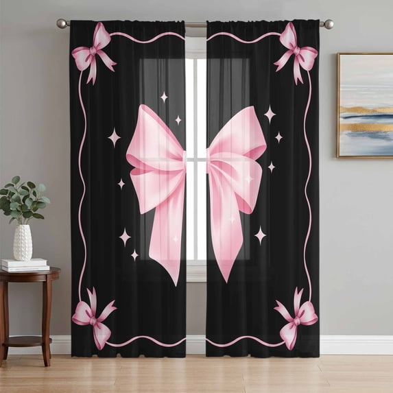 Valentine's Day Sheer Curtains 84 Inch Length 2 Panels Set Window Treatments, Pink Bowknot Ribbon on Black Mother's Day Rod Pocket Semi Curtains for Living Room/Bedroom/Kitchen Décor, 104"W x 84"L