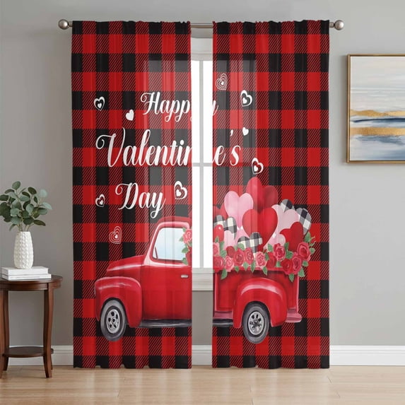Valentine's Day Sheer Curtains 96 Inch Length 2 Panels Set Window Treatments, Red Truck Roses Love Buffalo Plaid Rod Pocket Semi Curtains for Living Room/Bedroom/Kitchen Décor, 104"W x 96"L