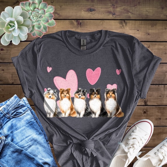 Valentine's Day Sheltie Dogs In A Row Shirt, Shetland Sheepdog, Herding Dog Lover, Sheltie Dog Mom TShirt, Pet Valentines Day TShirt All Size S-5Xl