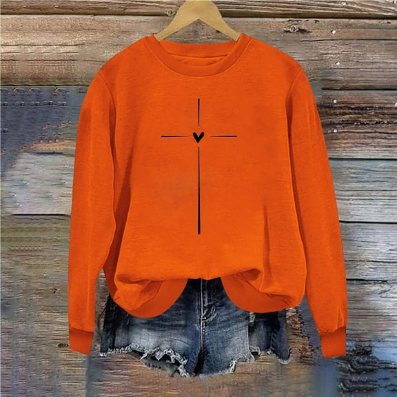 Valentine's Day Shirt For Womens Classic Love Heart Print Graphic Round Neck Tees Long Sleeved Loose Fit Casual Comforts Sweatshirt Tops Orange S