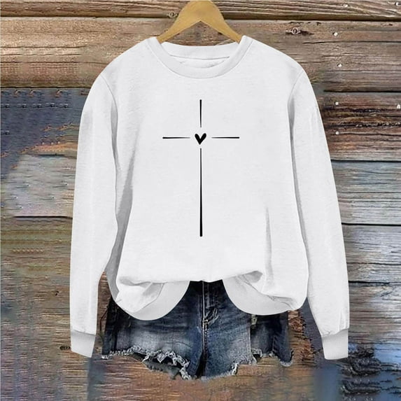 Valentine's Day Shirt For Womens Classic Love Heart Print Graphic Round Neck Tees Long Sleeved Loose Fit Casual Comforts Sweatshirt Tops White S