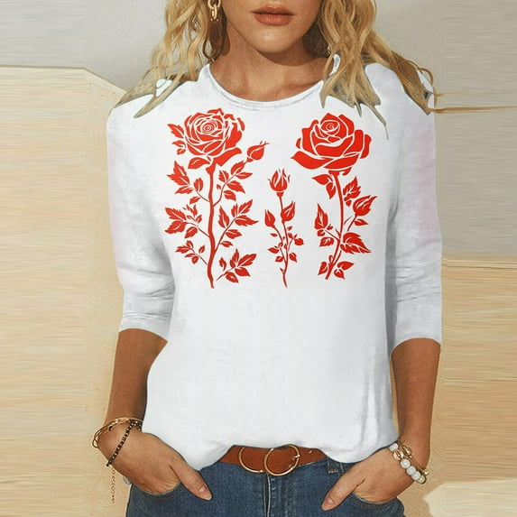 Valentine's Day Shirt Women 2025, Rose Print Tops, 3/4 Sleeve T Shirt Tops for Women Fashion Woman Casual Round Neck Printing Blouse 3/4 Sleeved T-Shirt Summer Tops