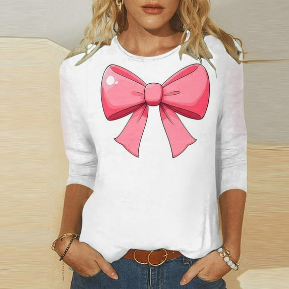 Valentine's Day Shirt Women 2025, Rose Print Tops, 3/4 Sleeve T Shirt Tops for Women Fashion Woman Casual Round Neck Printing Blouse 3/4 Sleeved T-Shirt Summer Tops