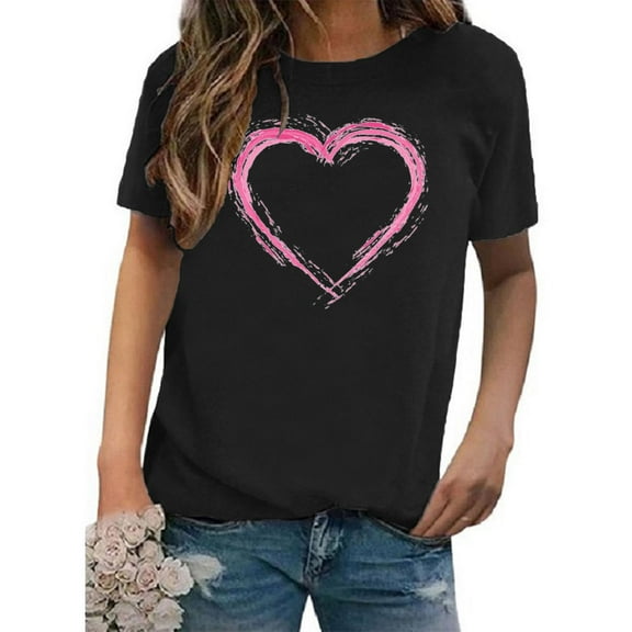 Valentine's Day Shirt Women Cute Print Short Sleeve Casual Pullover Tops Graphic Basic Blouses Tees (S, A Black)