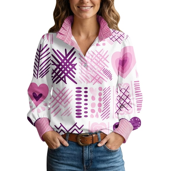 Valentine's Day Shirt for Women Half Button Stripe Ruffled Stand Collar Pink Love Heart Print Casual Blouses Puff Sleeve Graphic Pullover Top V Neck Going Out Tops Long Sleeve Shirts Cute S-3XL