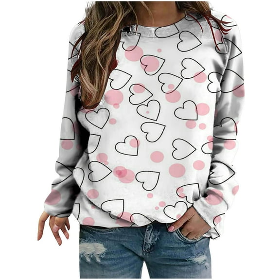 Womens Valentines Day Blouses And Tops Round Neck Heart Print Long Sleeve Pullover Top Casual Loose Graphic Sweatshirt