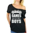 thumbnail image 1 of Valentine's Day Shirt for Her Games Before Boys Sarcastic Anti Valentine Women T-Shirt Geek Gifts Off Shoulder Tee, 1 of 4