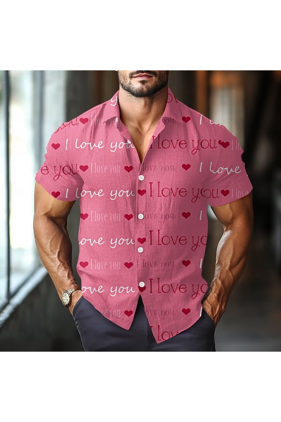 Valentine's Day Shirt for Men Button Down Short Sleeve Shirts Heart Pattern 2026 Spring Fashion Outfits Blouse Tops