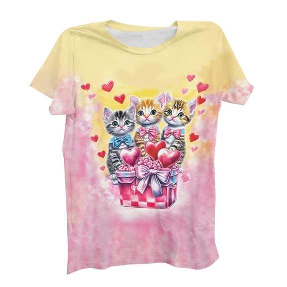 Valentine's Day Shirt for Women - Cat Print with Cute Kittens & Hearts - Soft Stretch Relaxed Fit Top - Multicolor - Sizes S to 5X,Size S