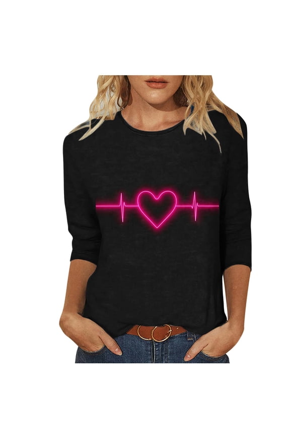 Valentine's Day Shirt for Women Heartbeat Heart Graphic Black Top 3/4 Sleeve Comfy Stretch Plus Size S-5XL,Size L
