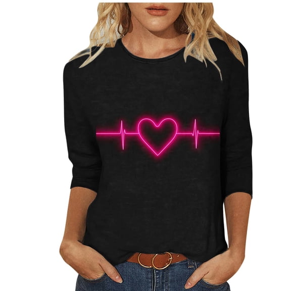 Valentine's Day Shirt for Women Heartbeat Heart Graphic Black Top 3/4 Sleeve Comfy Stretch Plus Size S-5XL,Size XL