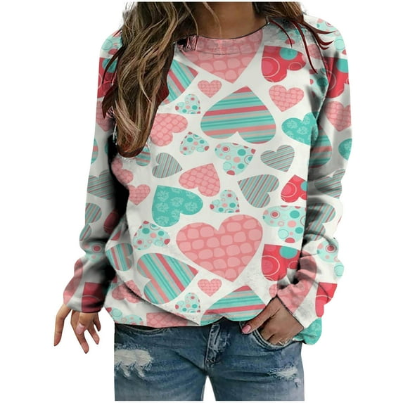 Valentine's Day Shirt for Women Love Heart Print Long Sleeve Tops Casual Loose Crewneck Sweatshirt Graphic Gift Blouses