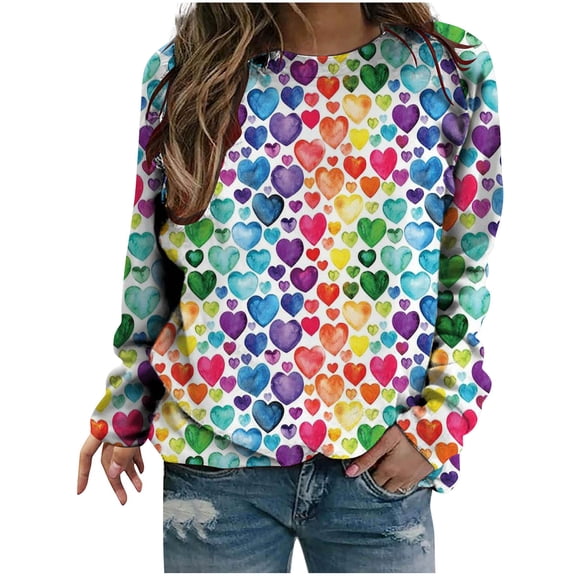 Valentine's Day Shirt for Women Love Heart Print Long Sleeve Tops Casual Loose Crewneck Sweatshirt Graphic Gift Blouses