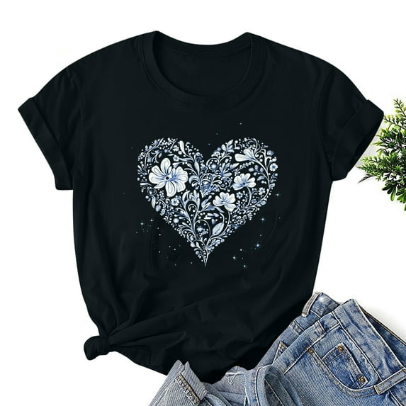 Valentine's Day Shirts For Women Funny Lover Love Printed T-Shirt Casual Round Neck Short Sleeved Baggy Lightweight Top Black XXXL