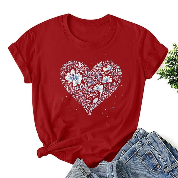 Valentine's Day Shirts For Women Funny Lover Love Printed T-Shirt Casual Round Neck Short Sleeved Baggy Lightweight Top Wine XXL