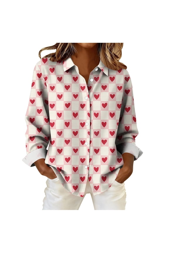 Valentine's Day Shirts For Women Lapel Long Sleeve Button Down Cute Print Tops Casual Loose Stylish Blouse (XXL, Red-D)
