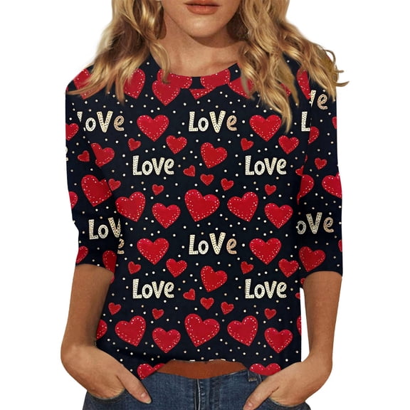 Valentine's Day Shirts for Women 3/4 Sleeve Plus Size Lovely Heart Tops Letter Printed Crew Neck Cure T-shirts Love You Patterned Casual Graphtic Pink Red Blouses Red L