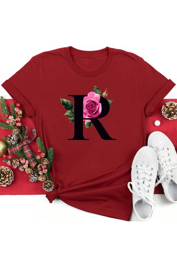 Valentine's Day Shirts Women's Valentine's Day T-shirts Letter R and Floral Print Shirts Crew Neck Short Sleeved Blouses Tops Spring Summer Pullover Top