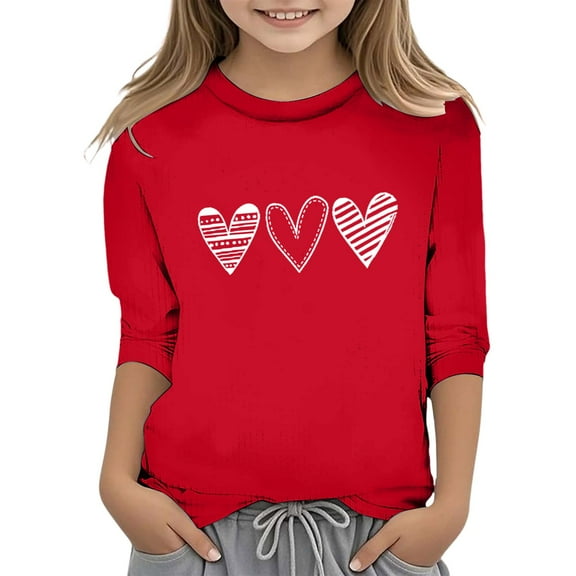Valentine's Day Shirts for Boys Three Quarter Sleeve Graphic Tshirts Crew Neck Casual Pullover Top Girls T Shirt 7-8 Years