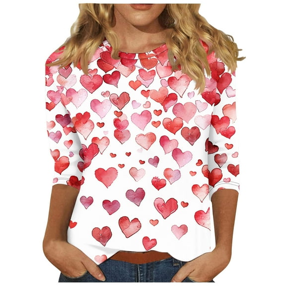 Women's Casual 3/4 Sleeve T-Shirts Valentines Tops Hearts Printed Crew Neck Cute Graphic Tees Loose Fit Tshirts, White J,S