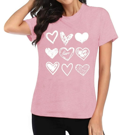 Valentine's Day Shirts for Women Crew Neck Trendy Cute Love Heart Print Short Sleeve Tees Holiday Spring Summer Casual Pullover Tops