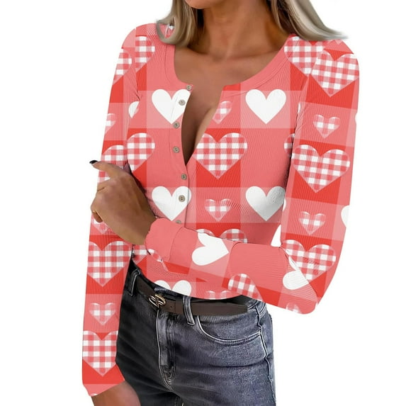 Valentine's Day Shirts for Women Long Sleeve Ribbed Knit Slim Fit Love Heart Graphic Stretchy Button Up Pullover Tops (XXL, Watermelon Red)