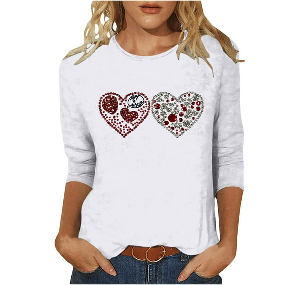 Valentine's Day Shirts for Women Rhinestone Heart Graphic Tee Shirt Casual Crewneck 3/4 Sleeve Tops