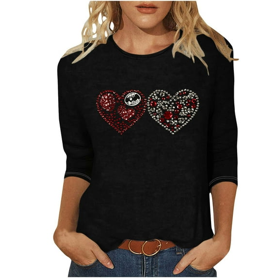 Valentine's Day Shirts for Women Rhinestone Heart Graphic Tee Shirt Casual Crewneck 3/4 Sleeve Tops