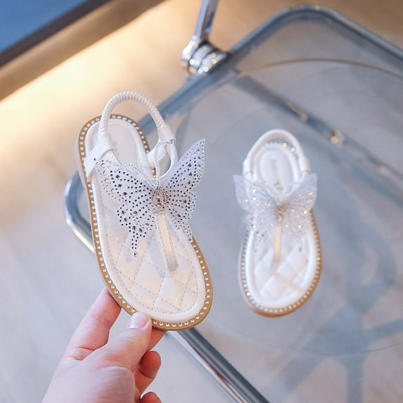 Valentine's Day Shoes Deals Middle And Big Children Toddler Girls Rhinestone Butterfly Thong Sandals Soft Sole Princess Shoes Sandals,Silver Sandals For Kids Size 10-11 Years
